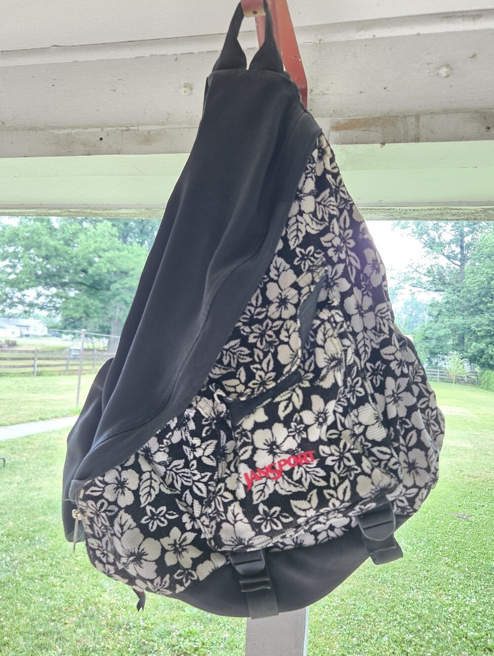 Jansport Vintage Corduroy Hibiscus Floral Black White Sling Backpack